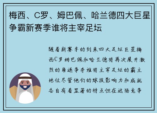 梅西、C罗、姆巴佩、哈兰德四大巨星争霸新赛季谁将主宰足坛 梅西、C罗、姆巴佩、哈兰德四大巨星争霸新赛季谁将主宰足坛