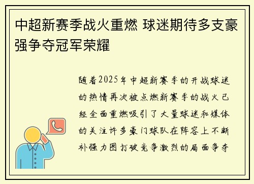 中超新赛季战火重燃 球迷期待多支豪强争夺冠军荣耀 中超新赛季战火重燃 球迷期待多支豪强争夺冠军荣耀