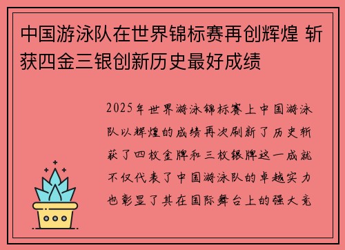 中国游泳队在世界锦标赛再创辉煌 斩获四金三银创新历史最好成绩 中国游泳队在世界锦标赛再创辉煌 斩获四金三银创新历史最好成绩