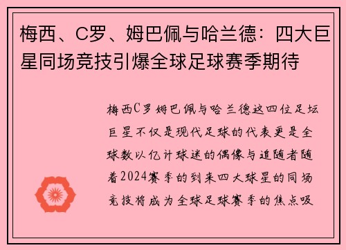 梅西、C罗、姆巴佩与哈兰德:四大巨星同场竞技引爆全球足球赛季期待 梅西、C罗、姆巴佩与哈兰德:四大巨星同场竞技引爆全球足球赛季期待