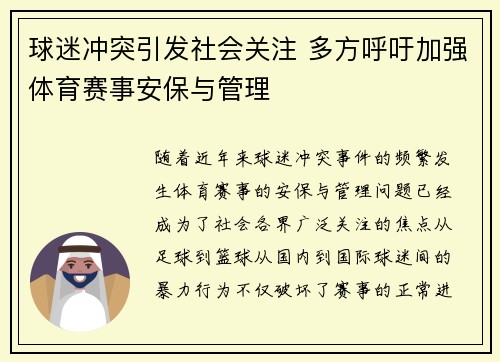 球迷冲突引发社会关注 多方呼吁加强体育赛事安保与管理 球迷冲突引发社会关注 多方呼吁加强体育赛事安保与管理